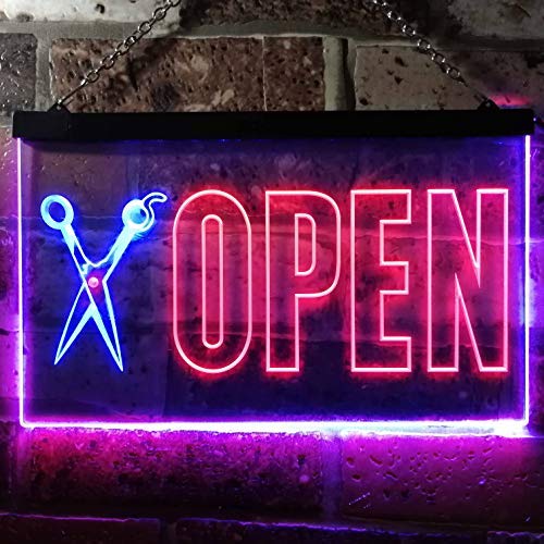 Barber Scissors Hair Cuts Open Dual LED Neon Light Sign